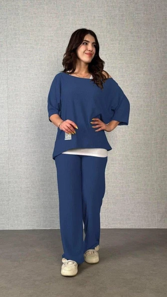 Kadın Kısa Kollu Omuzlardan Açık Yarasa Kollu Bürümcük Bluz Ve Pantolon Ve Viskon Atlet - Resim 2