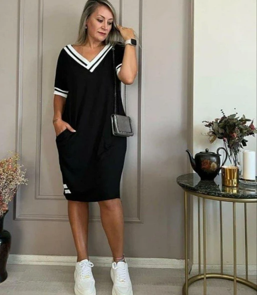 Kadın Kısa Kollu V Yaka Ribana Detaylı Cepli Dizüstü Viskon Elbise - Resim 3