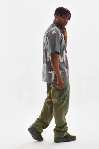 Unisex Baskılı Oversize T-Shirt - Füme - Resim 3