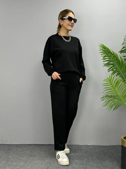 Kadın Uzun Kollu Bisiklet Yaka Viskon Iki Iplik Bluz Ve Pantolon Ikili Takım - Resim 5