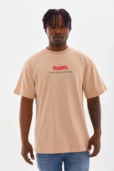 Unisex Baskılı Oversize T-Shirt - Bej ürün görseli