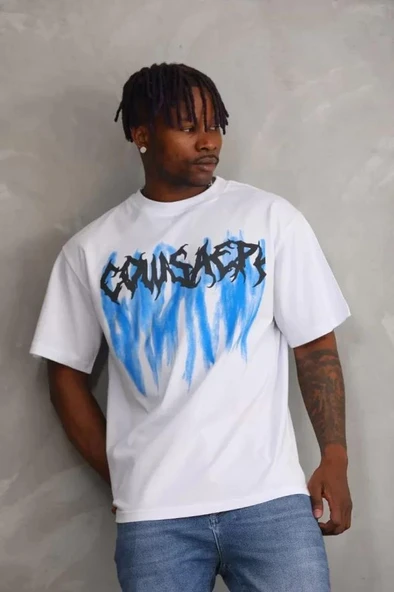 Unisex Baskılı Oversize T-Shirt - Beyaz ürün görseli