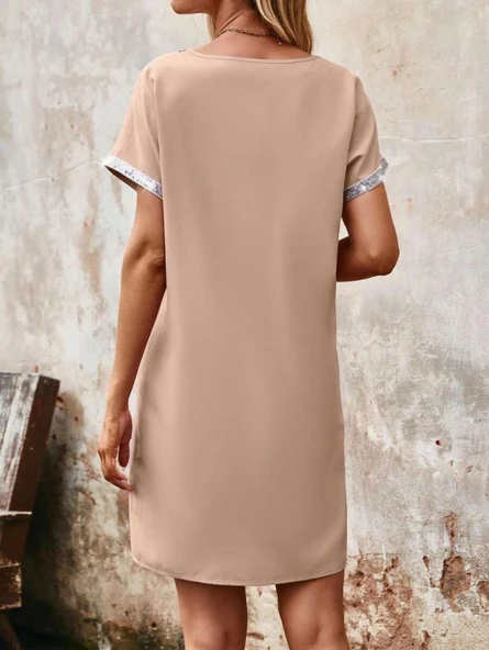 Kadın Yaka Ve Kol Pul Payet şeritli Ithal Krep Elbise - Resim 5