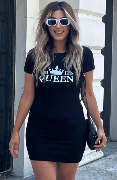 Kadın Kısa Kollu Queen Baskı Iki Iplik Mini Elbise - Resim 10