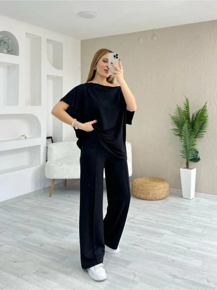 Kadın Kısa Kollu Kayık Yakalı Dikiş Izi Detaylı Viskon Iki Iplik Bluz Ve Pantolon Ikili Takım - Resim 4