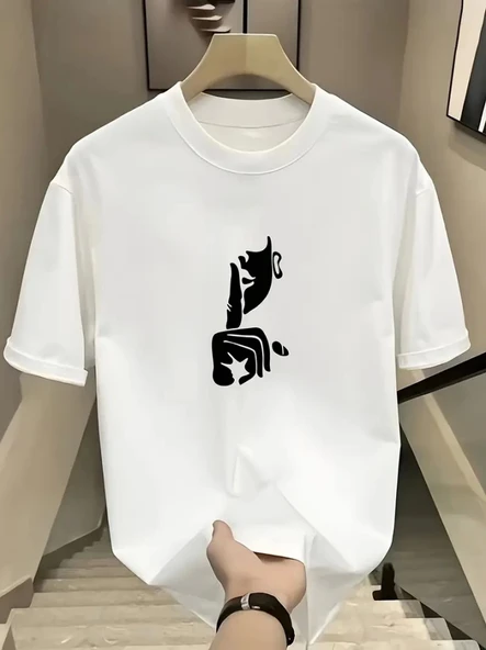 Rahat Bisiklet Yaka Tişört, Yaratıcı Karikatür Baskı - Yumuşak Polyester, Her Mevsim Giyilebilir- Beyaz ürün görseli