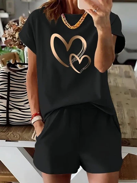 Kadın Kısa Kollu Bisiklet Yaka Viskon Iki Iplik Bluz Ve Short Ikili Takım - Resim 3