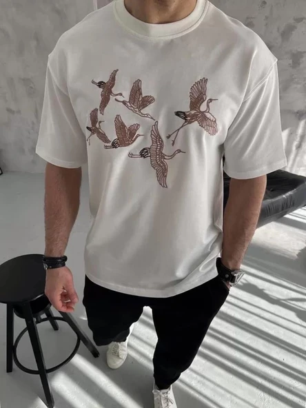 Unisex Nakış İşlemeli T-Shirt - Beyaz - 2