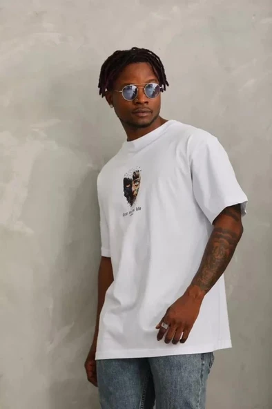 Unisex Oversize Baskılı Bisiklet Yaka T-Shirt - Beyaz - Resim 4