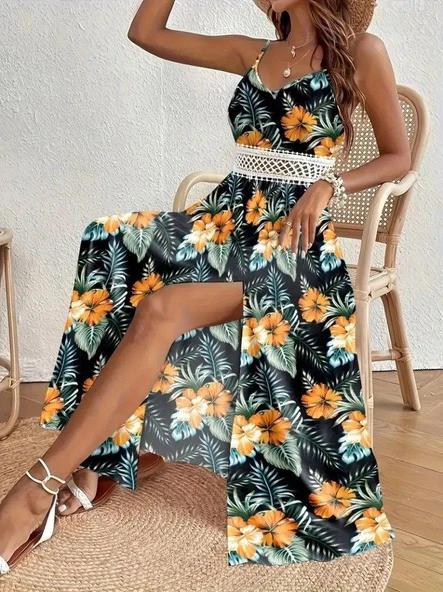 Kadın Ip Askılı V Yakalı Bel Güpür çiçek Desenli Yandan Yırtmaçlı Maksi Süprem Elbise ürün görseli