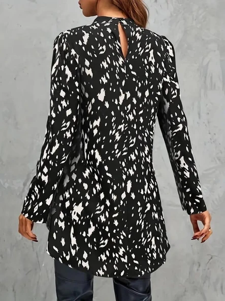Kadın Uzun Kollu Yarı Balıkçı Yaka Desenli Dokuma Bluz - Resim 5