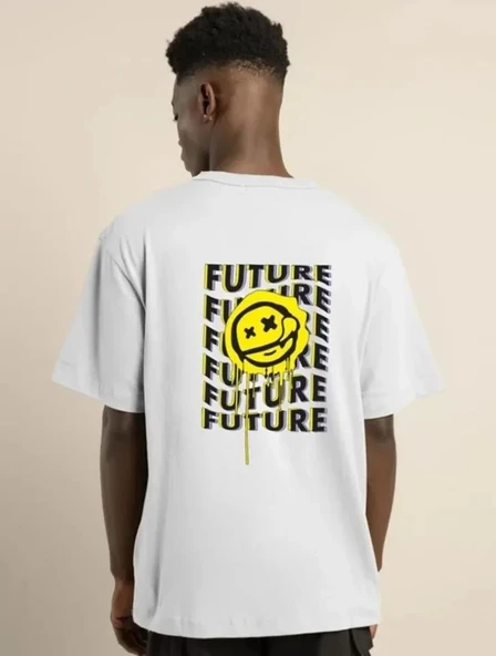 Unisex Bisiklet Yaka Baskılı Oversize T-Shirt - Beyaz - Resim 3