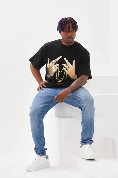 Unisex Baskılı Oversize T-Shirt - Siyah - Resim 3