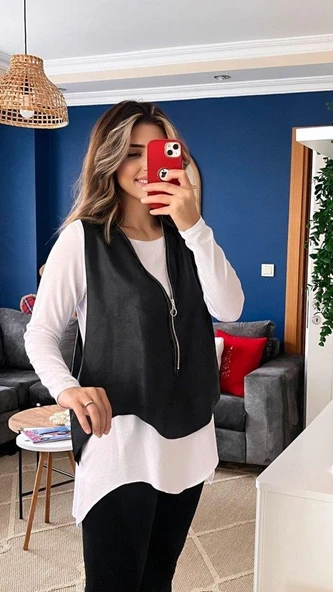 Kadın Uzun Kol Asimetrik Kesim Viskon Bluz Ve çatlak Deri Görünümlü Fermuar Detaylı Yelek Ikili Takım - 1