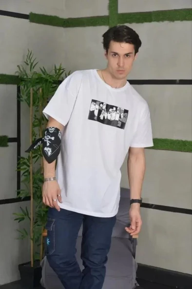 Unisex Bisiklet Yaka Baskılı Oversize T-Shirt - Beyaz ürün görseli