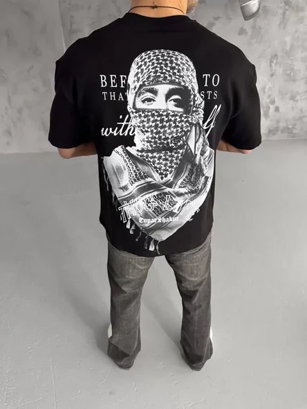 Unisex Baskılı Oversize T-Shirt - Siyah - Resim 4