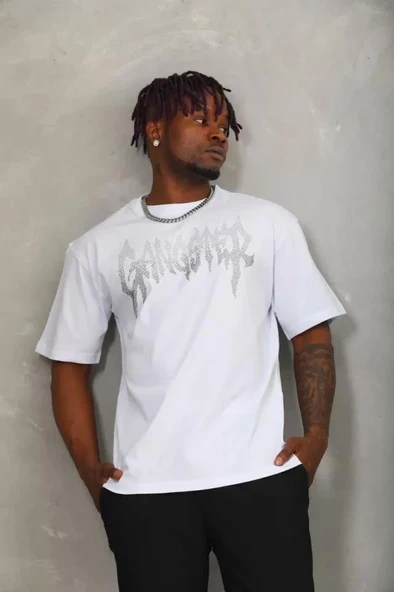 Unisex Oversize Taşlı Bisiklet Yaka T-Shirt - Beyaz ürün görseli