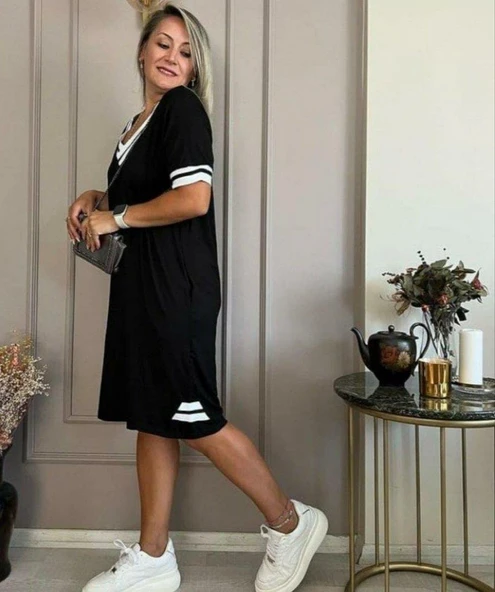 Kadın Kısa Kollu V Yaka Ribana Detaylı Cepli Dizüstü Viskon Elbise - Resim 4