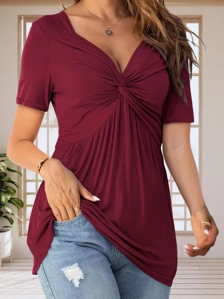 Kadın Kısa Kollu önü Düğüm Detay Viskon Bluz - Resim 5