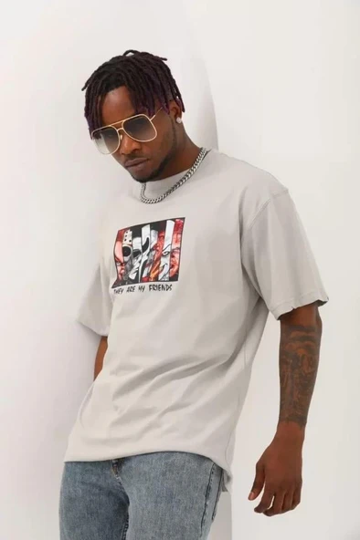 Unisex Oversize Baskılı Bisiklet Yaka T-Shirt - Gri - Resim 3