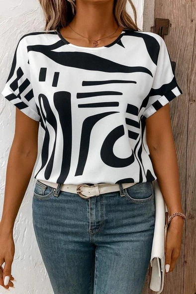 Kadın Kısa Kollu Yuvarlak Yaka Desenli Süprem Bluz - Resim 2