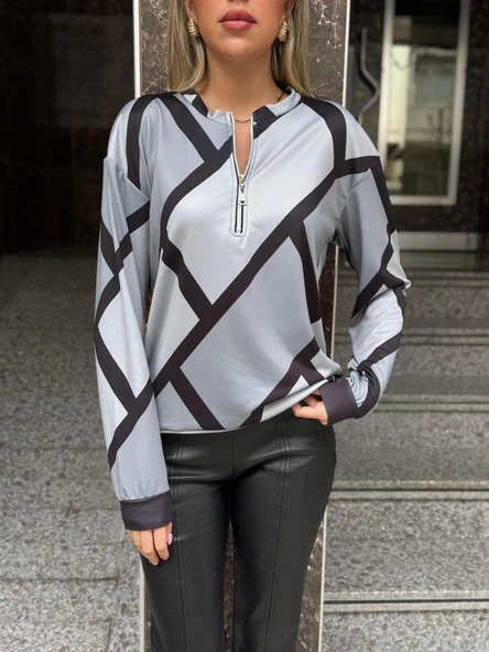 Kadın Uzun Kollu Yuvarlak Yaka Fermuarlı Desenli şardonlu Bluz - Resim 2