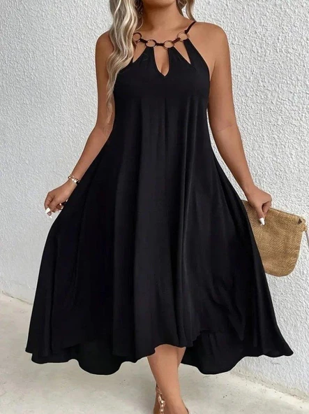 Kadın Boyundan Askılı Damla Detaylı Halkalı Asimetrik Kesim Viskon Elbise - Resim 4