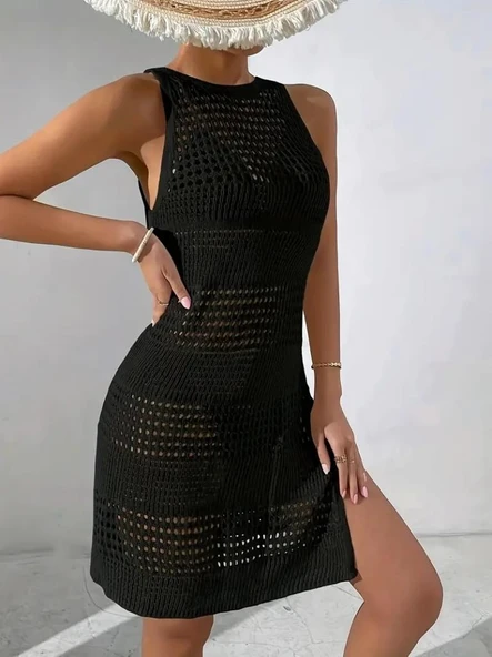 Kadın Askılı Derin Sırt Dekolteli Ajurlu Triko Pareo - Resim 2