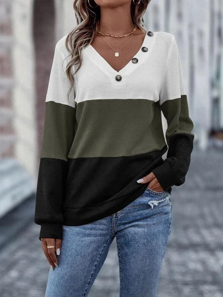 Kadın Uzun Kollu V Yakalı Düğmeli çok Renkli Waffle Bluz - Resim 5