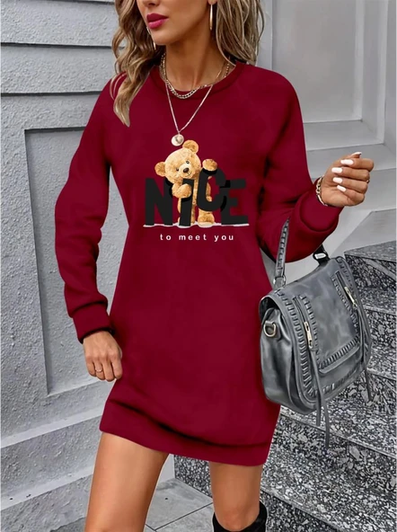 Kadın Uzun Kollu Bisiklet Yaka Ayı Desenli Viskon Iki Iplik Elbise ürün görseli