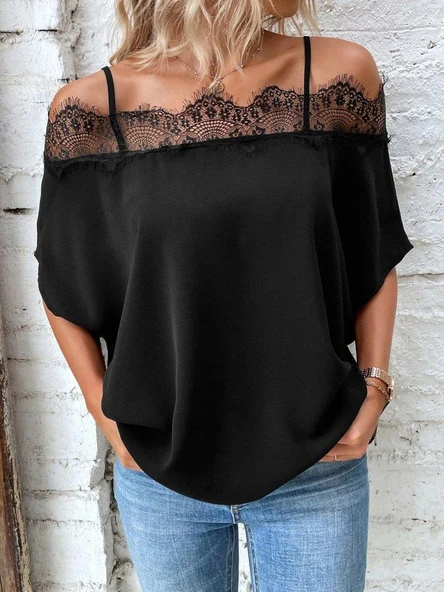 Kadın Askılı Dantel Janjan Krep Bluz - Resim 2