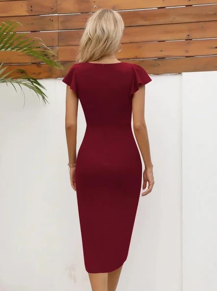 QKadın Kısa Kollu Kalp Yaka Yanlardan Büzgü Detay Midi Janjan Krep Elbise - Resim 3