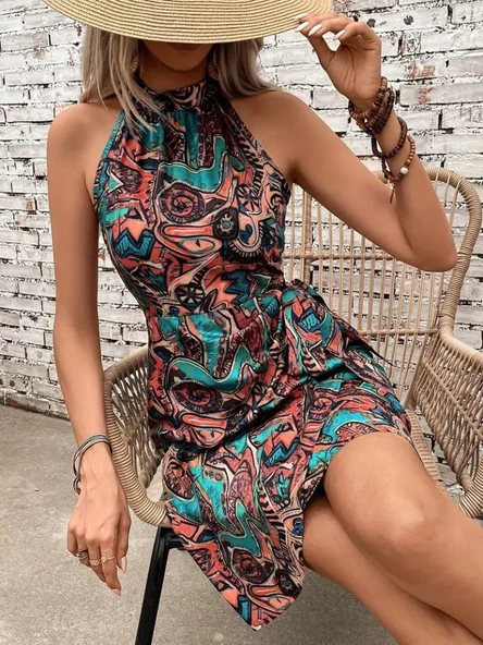 Kadın Omuzlardan Açık Yarı Balıkçı Yaka Yandan çapraz Bağlama Detaylı Süprem Kısa Elbise - Resim 3