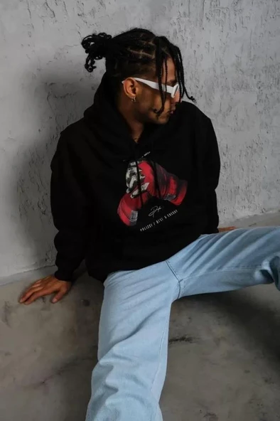 Erkek Eldiven Baskılı Kapüşonlu Sweat - Siyah - Resim 3