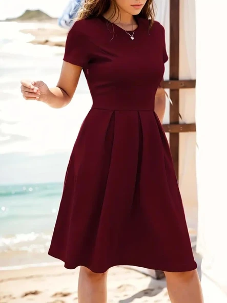 Kadın Kısa Kollu Bisiklet Yaka önden Pile Detaylı Janjan Krep Elbise - Resim 5