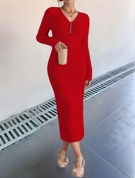 Kadın Uzun Kollu Fermuar Detay Fitilli Kaşkorse Kumaş Maxi Boy Elbise ürün görseli