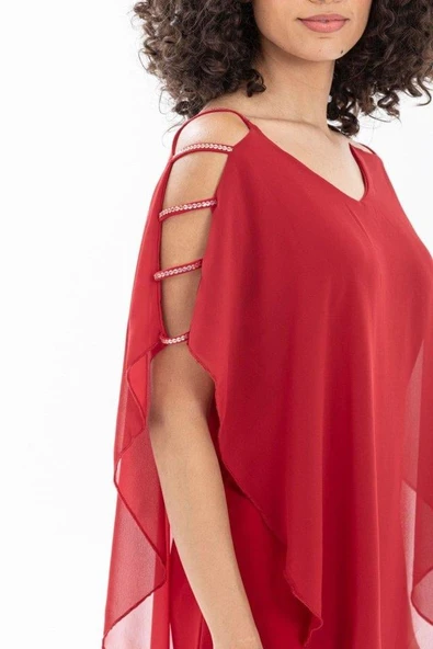 Kadın Omzu Açık V Yaka Şifonlu Sandy Kumaş Fırsat Ürün Diz Üstü Elbise - Resim 3