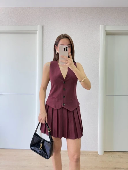 Takım Görünümlu Yelekli Mini Elbise- Bordo ürün görseli