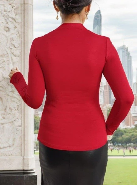 Kadın Uzun Kollu Omuz Dekolte Ve Aksesuar Detay Viskon Bluz - Resim 6