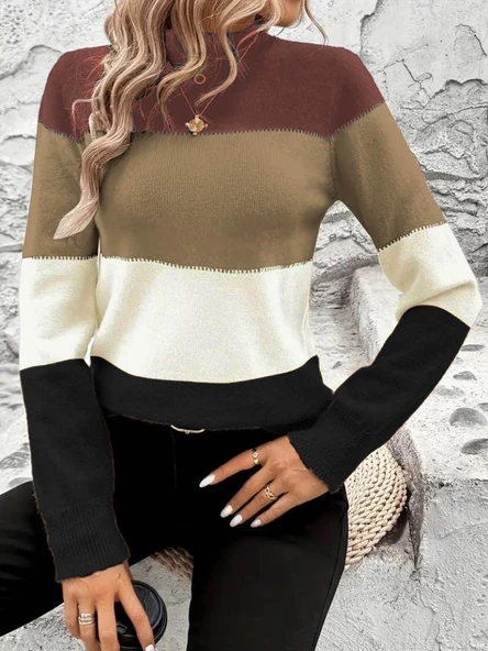 Kadın Uzun Kollu Yarı Balıkçı Yaka Triko Kazak - Resim 2