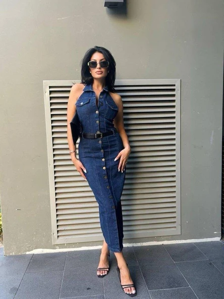 Kadın Düğme Detaylı Belden Kemerli Sırt Dekolte Kot Elbise ürün görseli