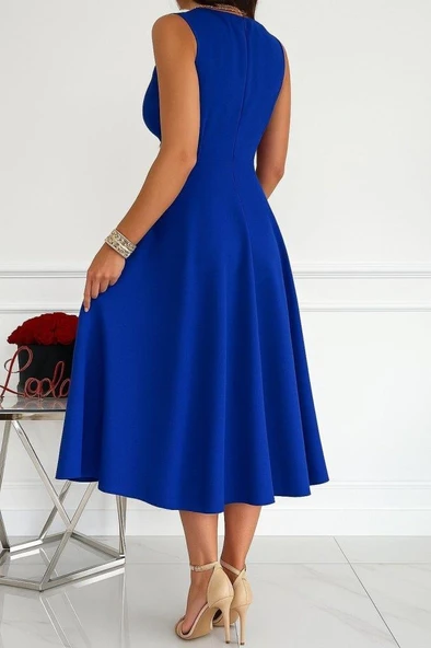 Kadın Ithal Krep Kumaş Kruvaze Yaka Eteği Kloş Kolsuz Mini Elbise - Resim 2