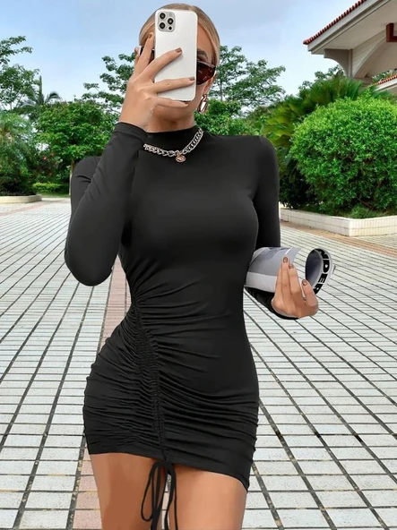 Kadın Uzun Kol Sağ Belden Sol Etek Ucuna Doğru Hafif çapraz Büzgülü Sandy Mini Boy Elbise - Resim 3