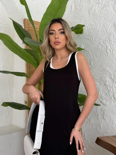 Kadın Yırtmaç Detaylı Viskon Kumaş Maxi Boy Cepli Iç Dahil Ikili Elbise - Resim 3