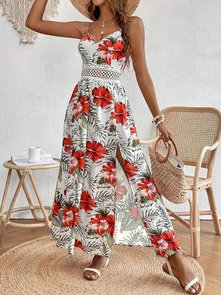 Kadın Ip Askılı V Yakalı Bel Güpür çiçek Desenli Yandan Yırtmaçlı Maksi Süprem Elbise - Resim 4