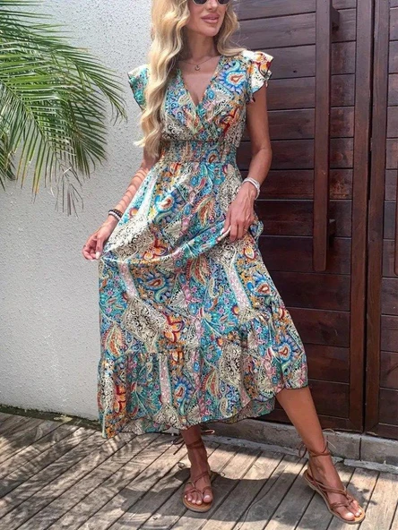 Kadın Kısa Kollu Kruvaze Yakalı Desenli Maxi Elbise - Resim 4