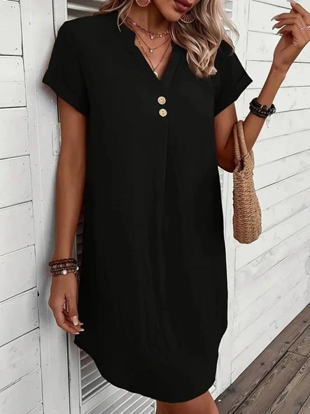 Kadın Kısa Kollu V Yakalı Düğmeli Müslim Kısa Elbise - Resim 3