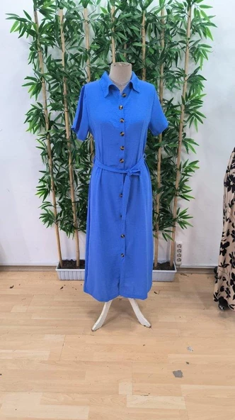 Kadın Kısa Kollu Yakalı önden Düğmeli Beli Kuşaklı Ithal Keten Elbise - Resim 4