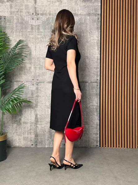 Kadın Yaka Ribanalı Çift Yırtmaçlı Elbise - Resim 3