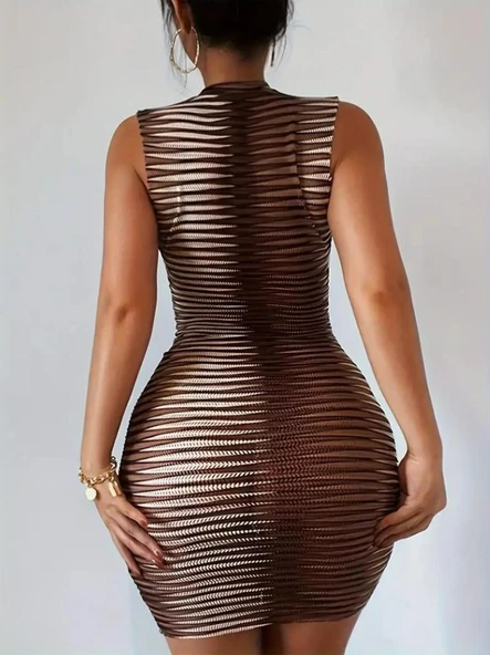 Kadın Sıfır Kol Desenli Mini Bodycon Dalgıç Elbise - Resim 5